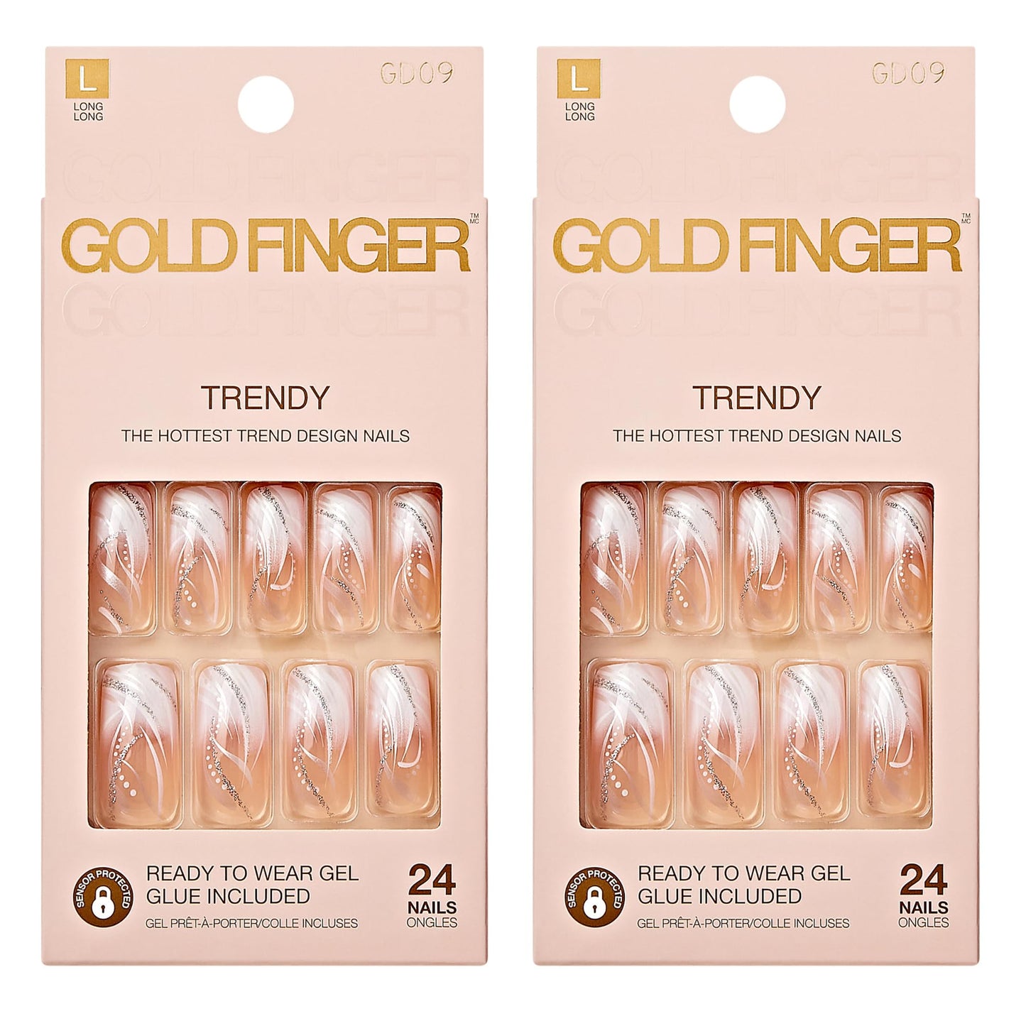 Gold Finger False Nails Gel Glam Design Full Cover Fake Nails, Long Length (2 PACK)