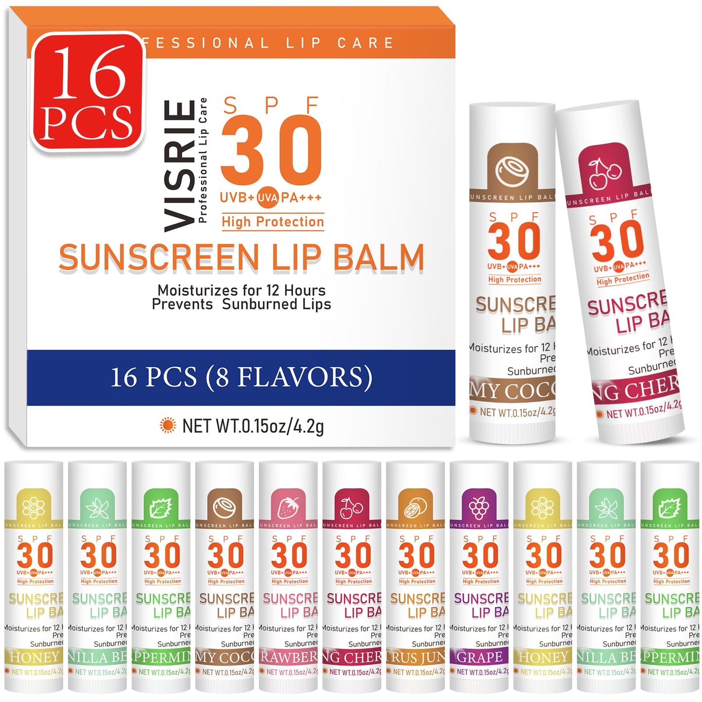 VISRIE SPF 30 Lip Sunscreen, SPF Lip Balm Travel Size 16 Pack, Hydrating Lip Balm Bulk with Vitamin E and Coconut Oil- 8 Flavors Beauty and Personal Care VISRIE Default Title