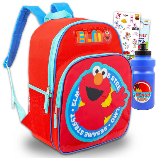 Sesame Street Backpack for Kids - Bundle with 16” Sesame Street School Backpack Plus Water Bottle, Tattoos, More | Elmo School Bag for Boys, Girls Set
