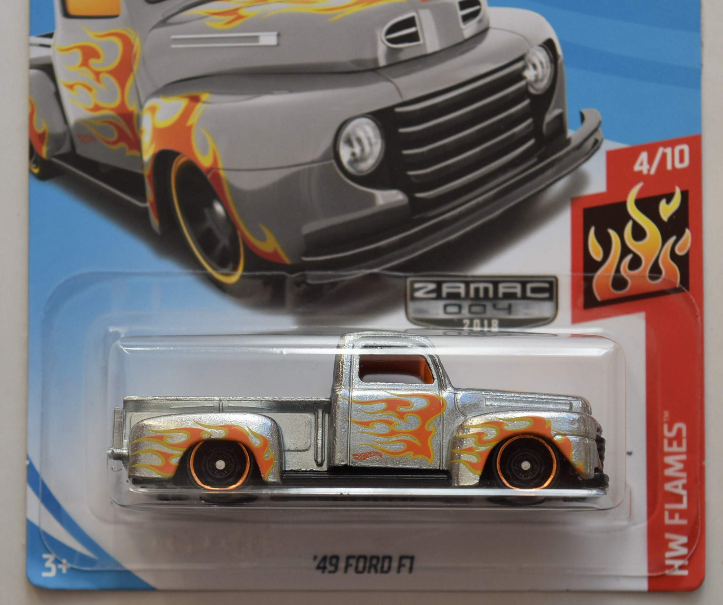 Hot Wheels 1:64 Scale Flames 4/10, ZAMAC '49 Ford F1 50TH Anniversary 2018 Month Card