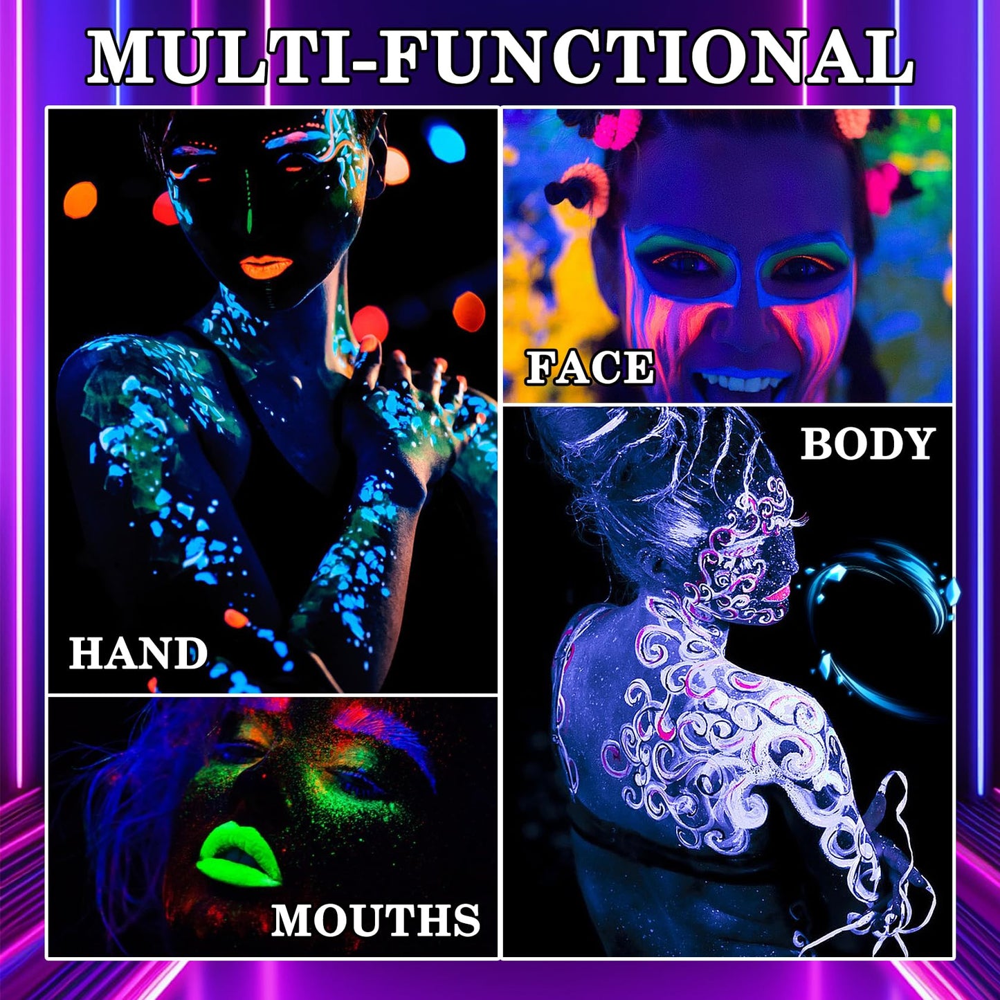 6 Colors Glow in the Dark Face and Body Paint Set - Halloween Cream for Skin, Professional Painting Kit for Party, Cosplay, Blacklight Glow SFX
