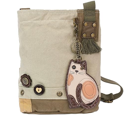CHALA Womens' Canvas Patch Crossbody Handbag with Keyfob- Sand (Lazzy Cat)