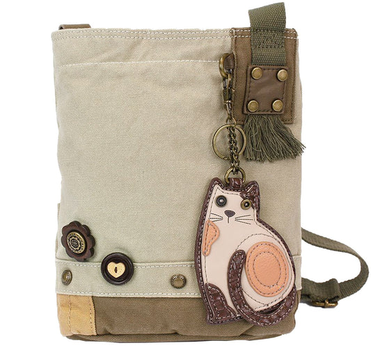 CHALA Womens' Canvas Patch Crossbody Handbag with Keyfob- Sand (Lazzy Cat)