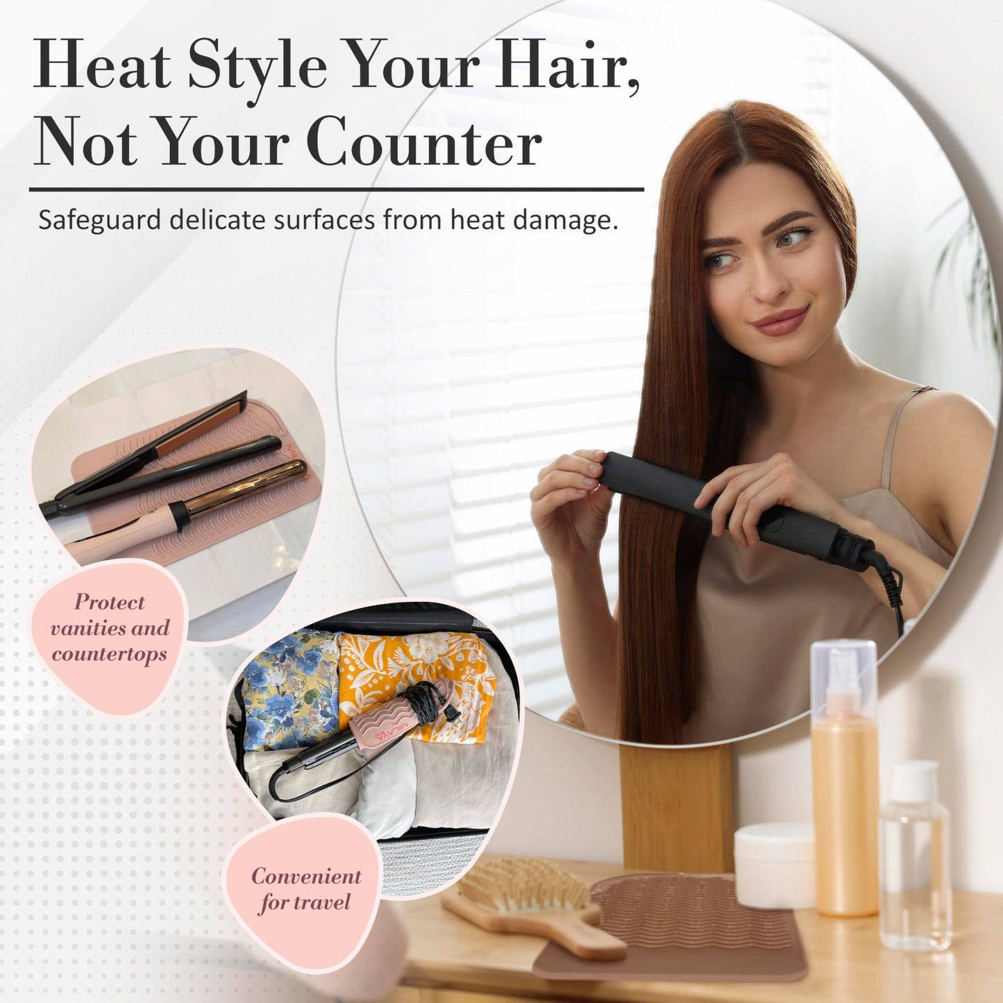 Milaya Beauty Vanity Accessories - Heat Resistant Mat - Silicone Flat Iron & Curling Iron Holder, Non-Slip Vanity Mat & Hot Tool Mat for Home, Salon