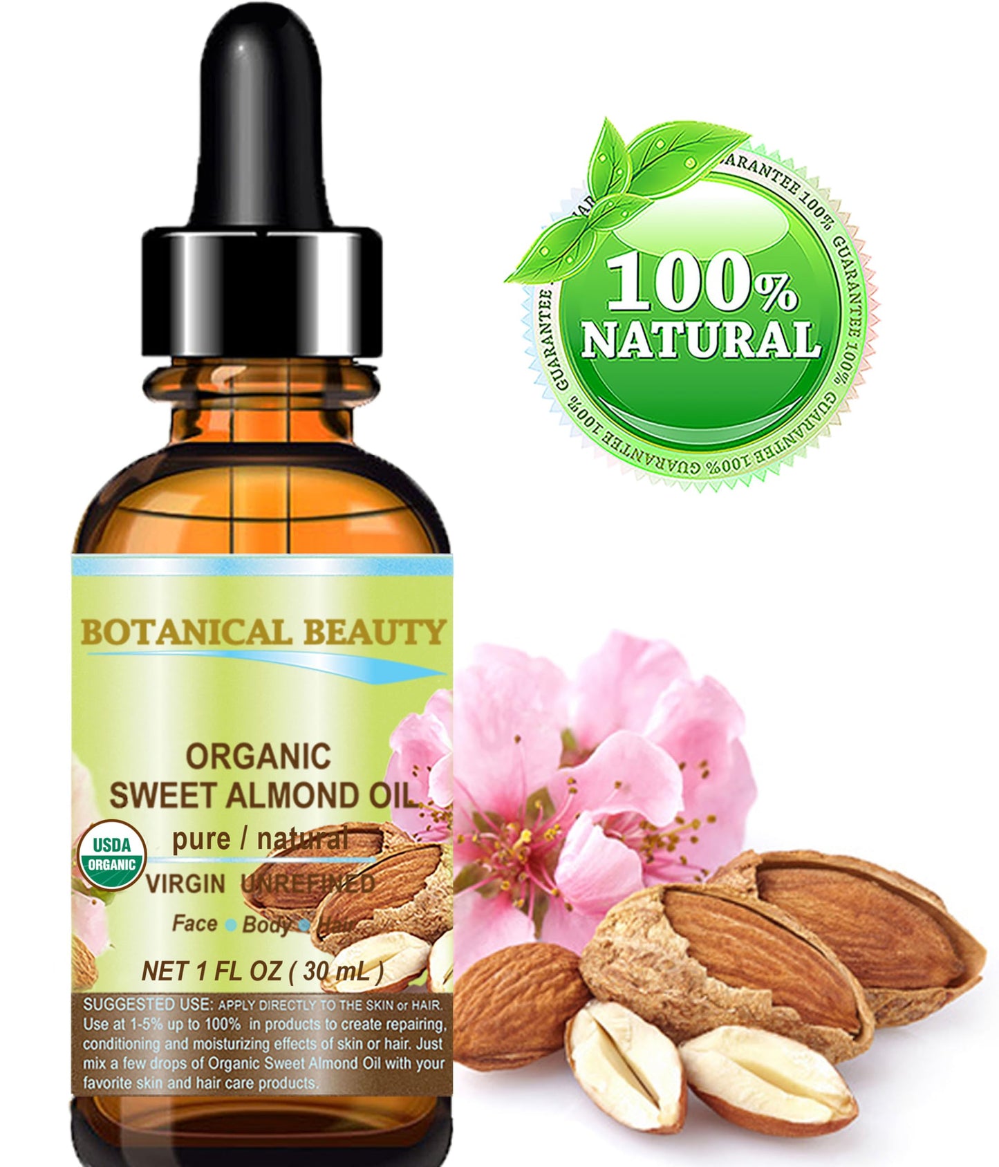 Botanical Beauty Organic SWEET ALMOND OIL 100% Pure Natural Virgin Unrefined Undiluted Cold Pressed Carrier Oil for Face, Skin, Body, Hair, Massage