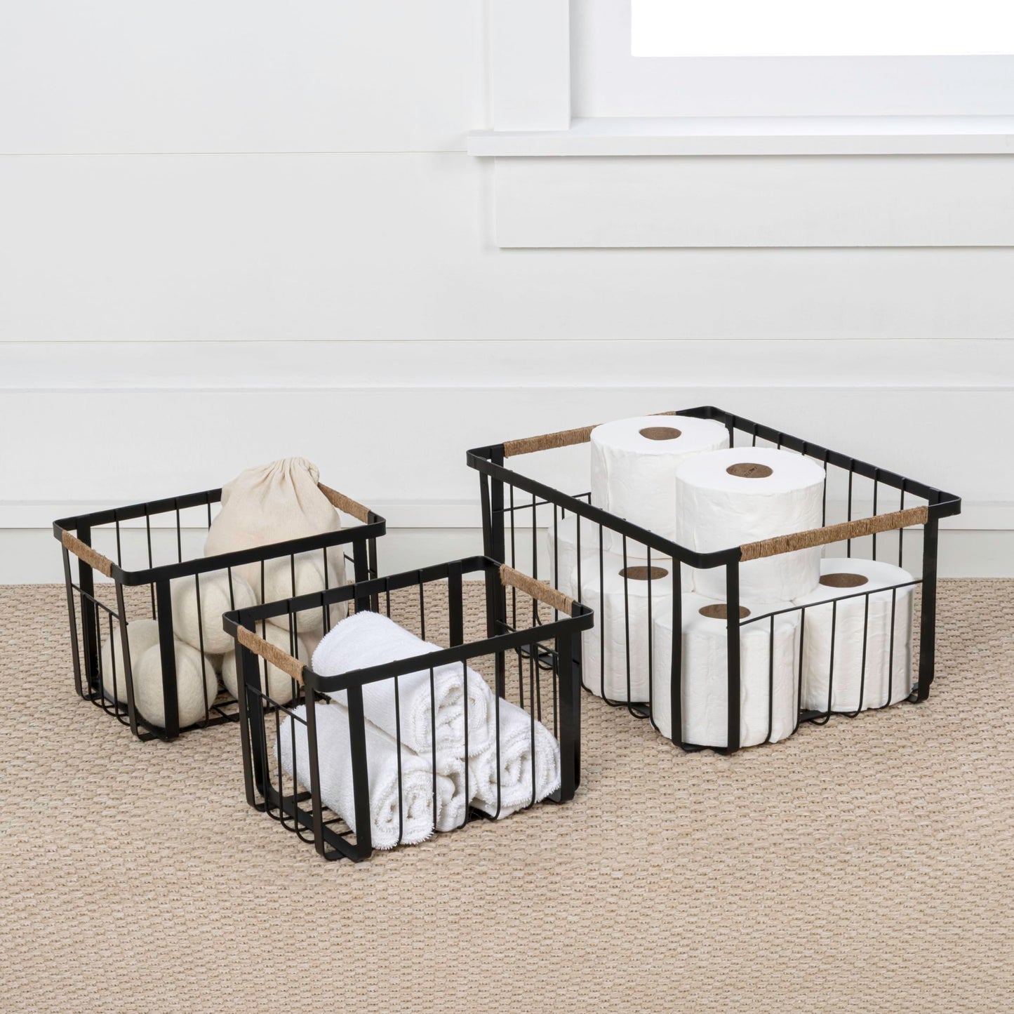 happimess BSK3003A-3SET Henley Vintage Farmhouse Wire Metal Nesting Storage Baskets with Jute Wrapped Handles for Shelves, Cabinets, Pantry…