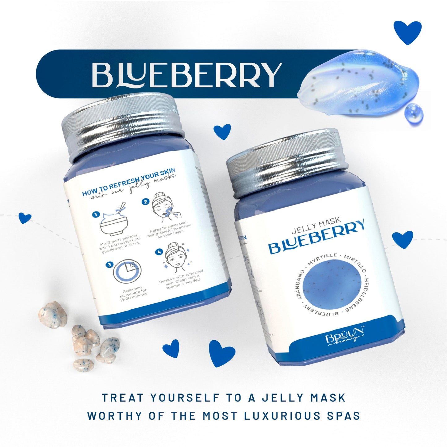 BRÜUN Jelly Mask Jar Blueberry Burst Peel-Off Face Care Rubber Mask - A 23 fl oz Skin Care Moisturizing Gel Mask Jar Spa Set for Men, Women and Adults