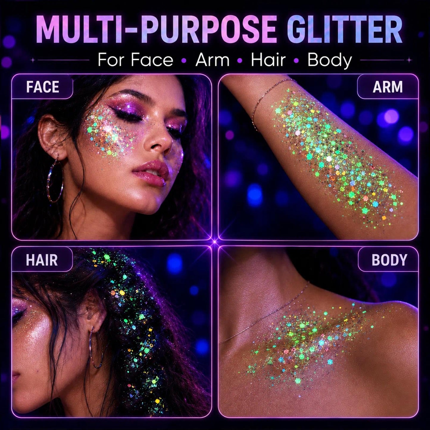 MiraWish 6 Colors Glow in The Dark Glitter Gel, Face & Body Glitter for Women, Neon Black Light Party Makeup, No Glue Needed, Easy Wash Off, Rave