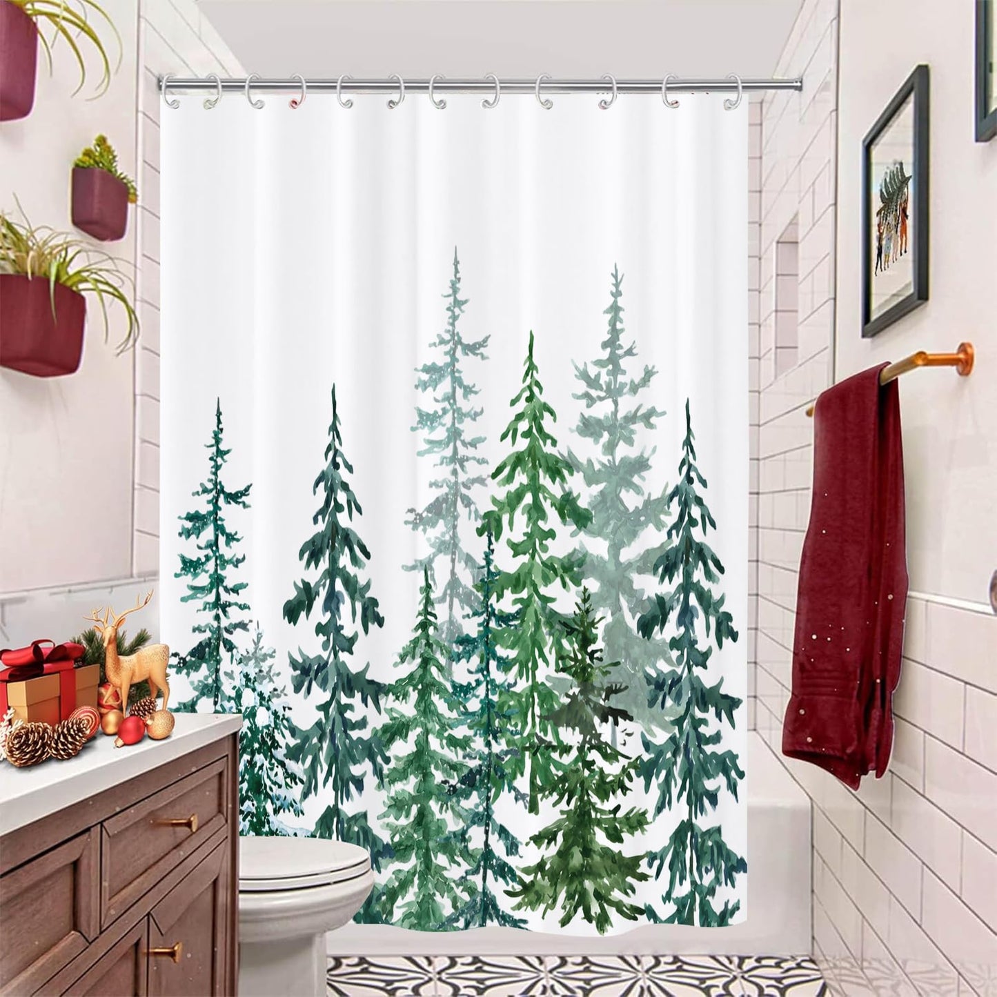 JOOCAR Christmas Shower Curtain Green Tree White Snow Landscape Waterproof Fabric Shower Curtains for Bathroom Farmhouse Rustic Modern Bath Curtain…