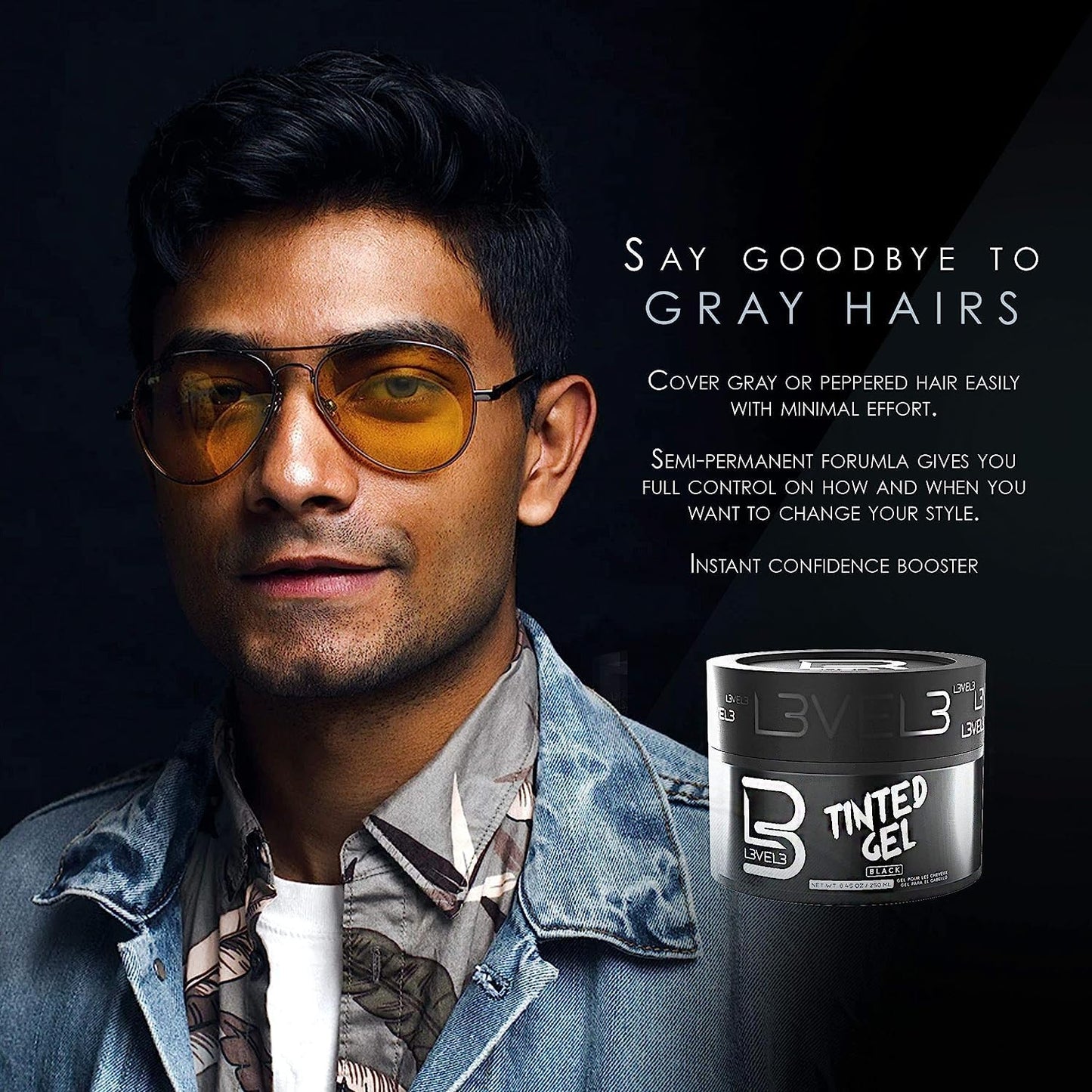 L3 Level 3 Black Tinted Hair Gel - Cover Grays Instantly & Style with Strong Hold - Temporary Color - Adds Volume, Texture & Shine - Flake-Free