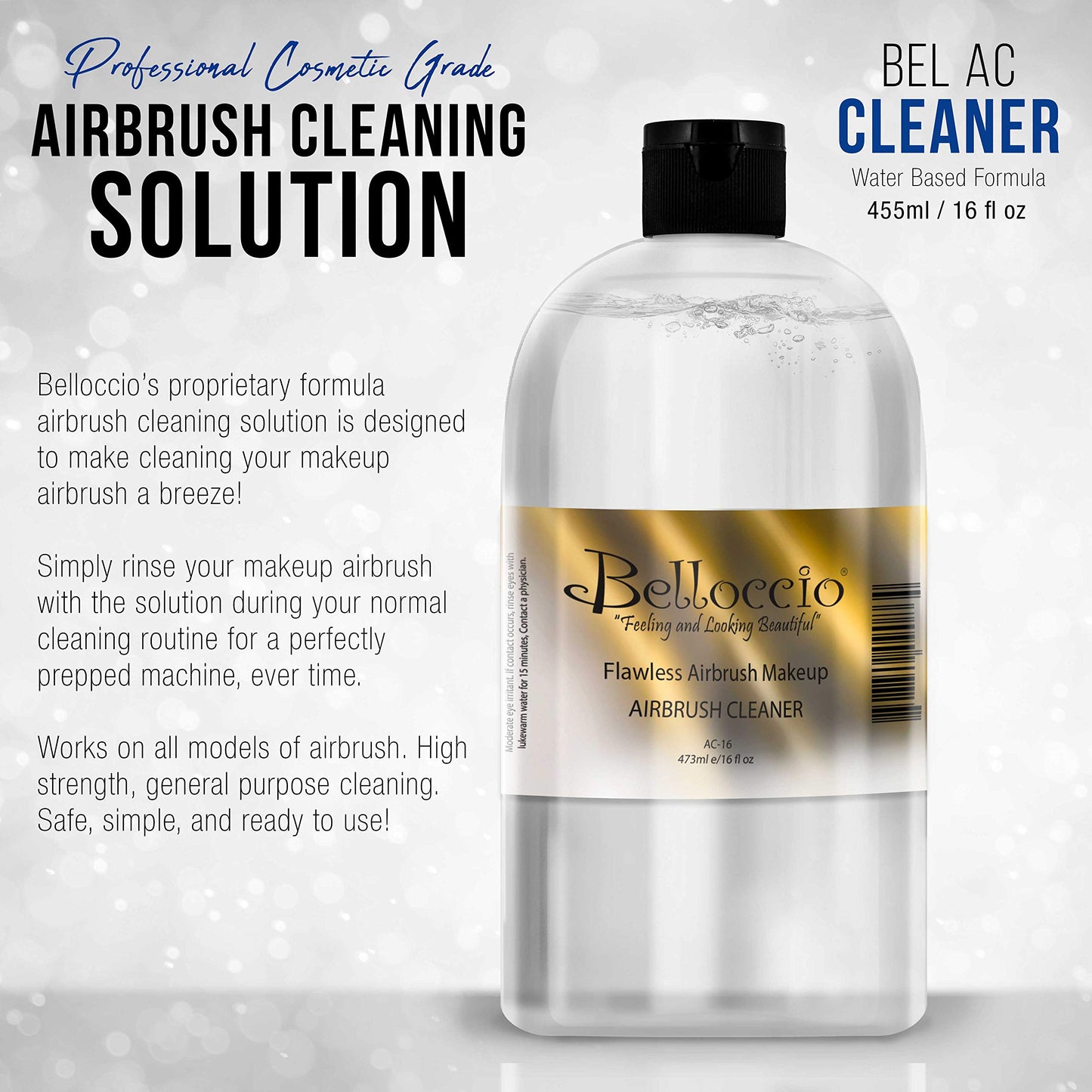 16 Ounce Bottle of Belloccio Makeup Airbrush Cleaner - Fast Acting Cleaning Solution, Quickly Cleans Flushes Out Airbrush Makeup Foundation, Blush