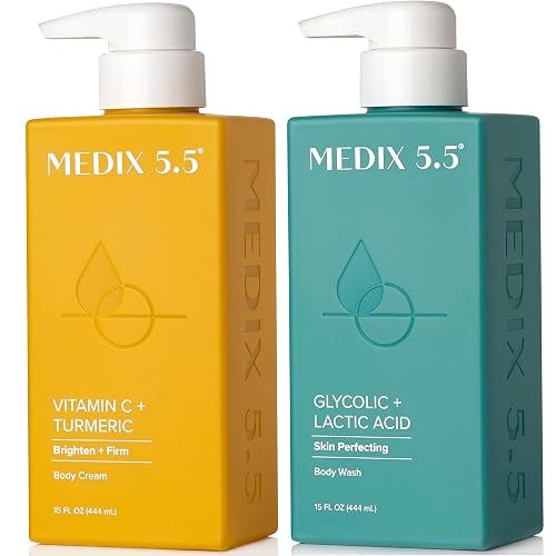 MEDIX 5.5 Exfoliating AHA Glycolic Acid Face & Body Wash Cleanser + Vitamin C Moisturizing Body Cream Lotion Skin Care 2PC Set | Alpha Hydroxy Acid