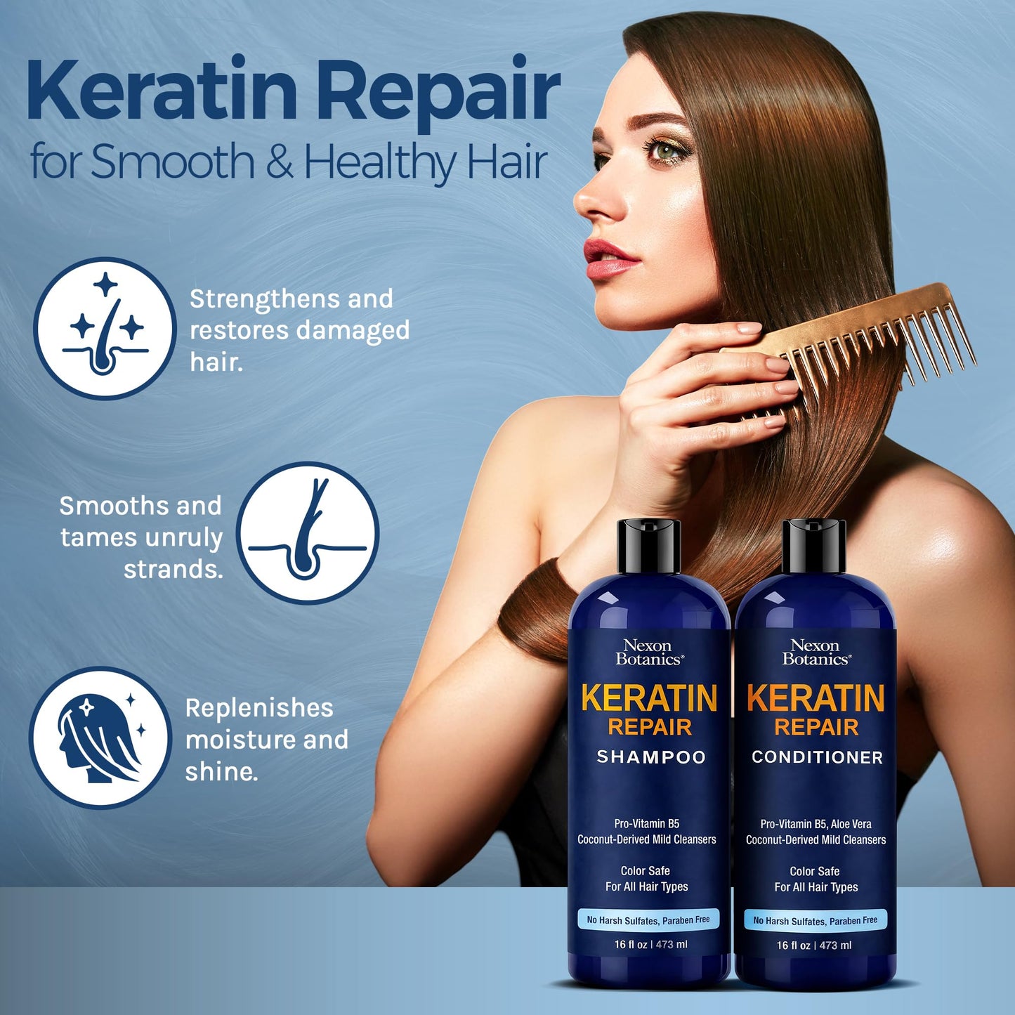 Keratin Shampoo and Conditioner Set 16 fl oz Each - Strengthening & Smoothing Care for Dry, Damaged, Frizzy or Keratin-Treated Hair - Color Protecting
