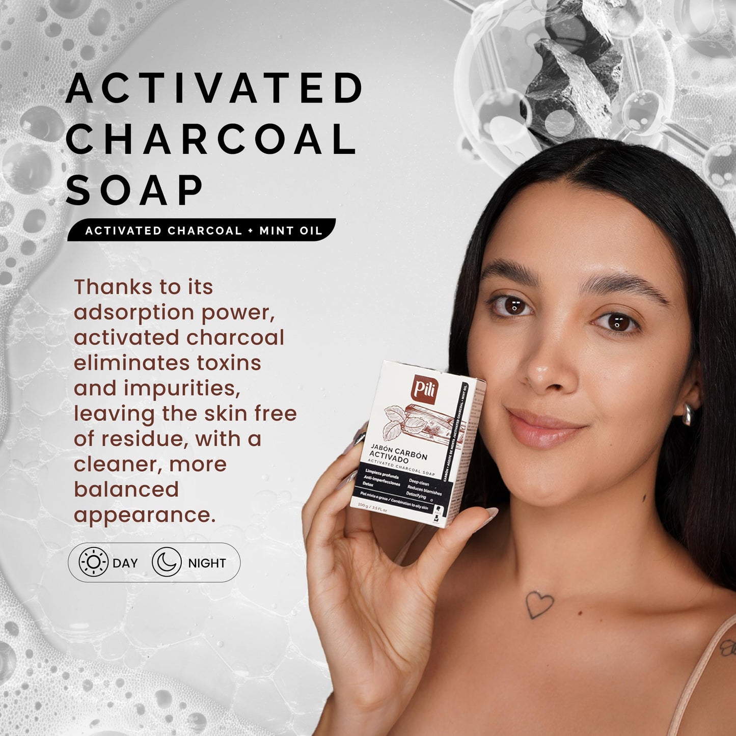 Pili Natural Activated Charcoal Detoxifying Soap Bars with Peppermint Oil (3 Pack) for Face and Body for Men, Women and Teens