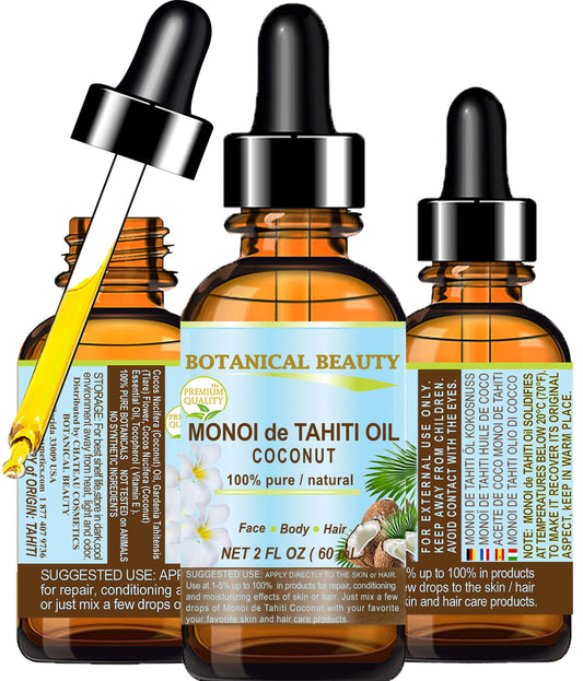 Botanical Beauty MONOI de TAHITI OIL COCONUT 100% Pure Natural Virgin Unrefined RAW 2 Fl. Oz.- 60 ml for FACE, SKIN, BODY, HAIR, NAILS