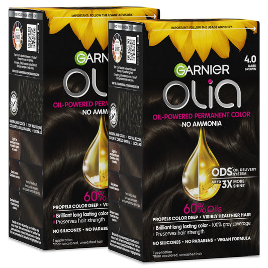 Garnier Olia Hair Color, Ammonia-Free Permanent Hair Dye, Oil-Powered Formula for 100% Gray Coverage and 3x Shinier Hair, Vegan & Cruelty Free, 4.0 Beauty & Personal Care Garnier