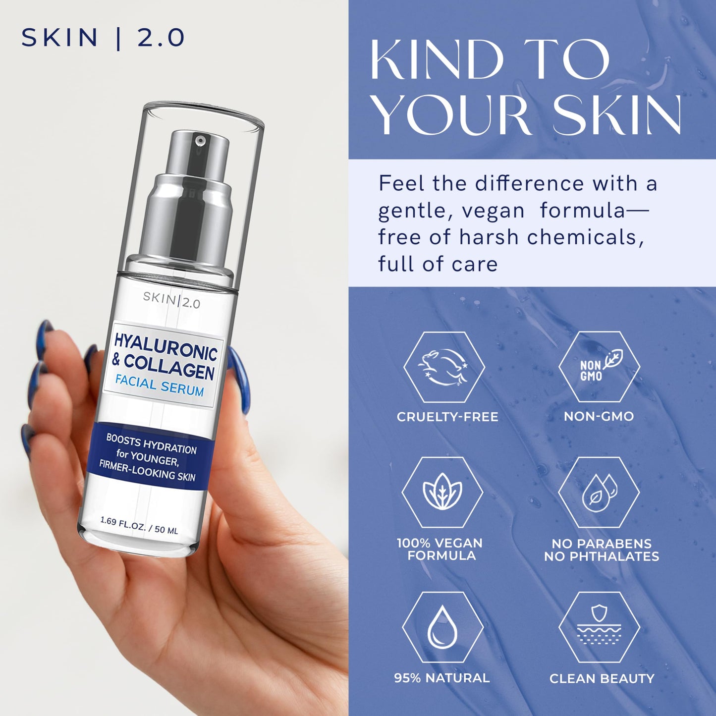 Skin 2.0 Hyaluronic Acid & Collagen Face Serum - Dermatologist Tested, Skin Tightening, Hydrating - Anti-Aging, Clean Beauty, Cruelty-Free Korean