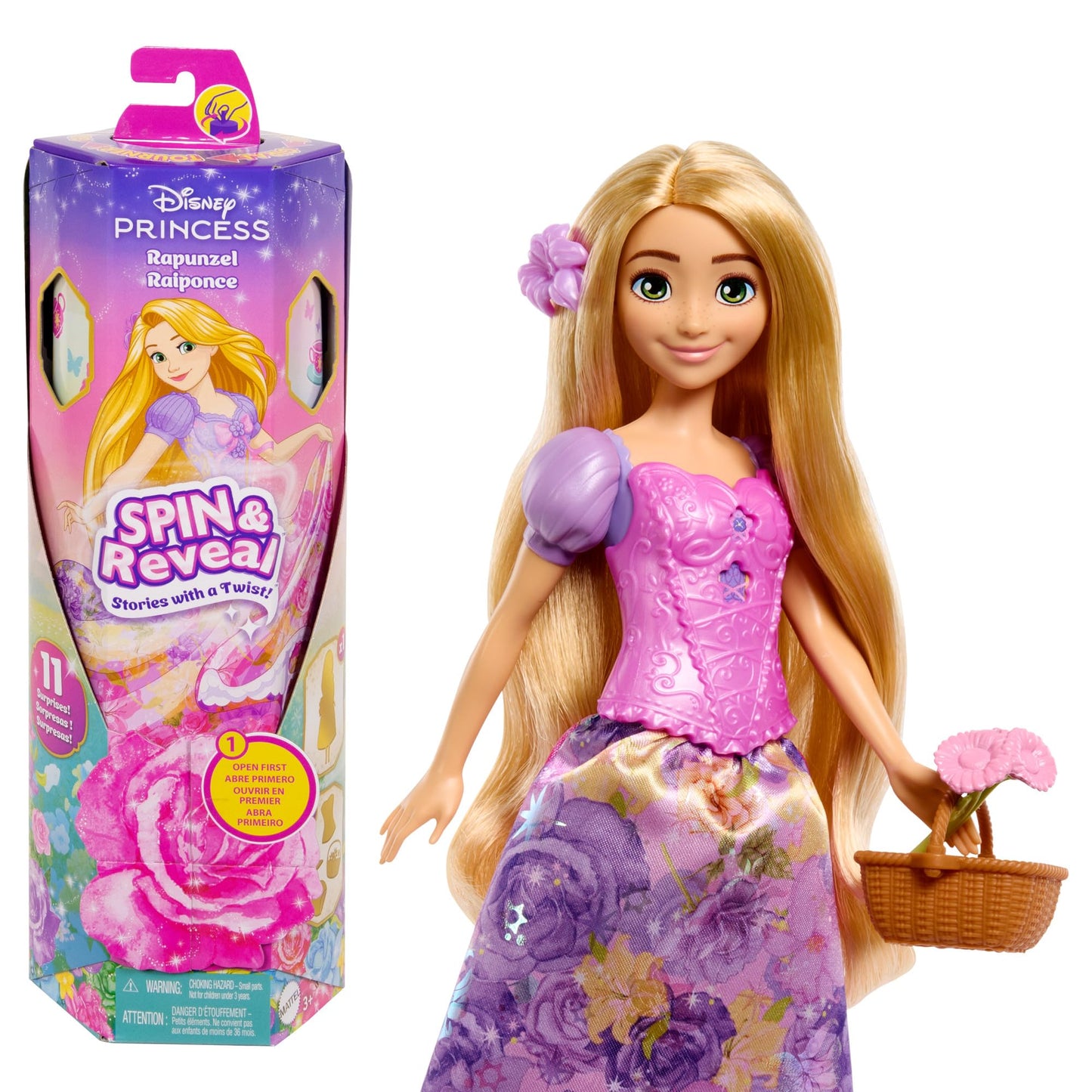 Mattel Disney Princess Rapunzel Fashion Doll Set, Spin & Reveal with 11 Surprises Including 5 Accessories, 5 Stickers & Play Scene, Inspired by Movie