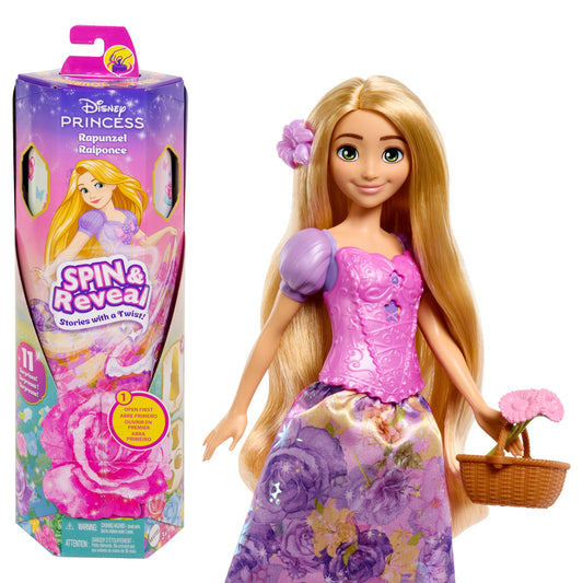 Mattel Disney Princess Rapunzel Fashion Doll Set, Spin & Reveal with 11 Surprises Including 5 Accessories, 5 Stickers & Play Scene, Inspired by Movie