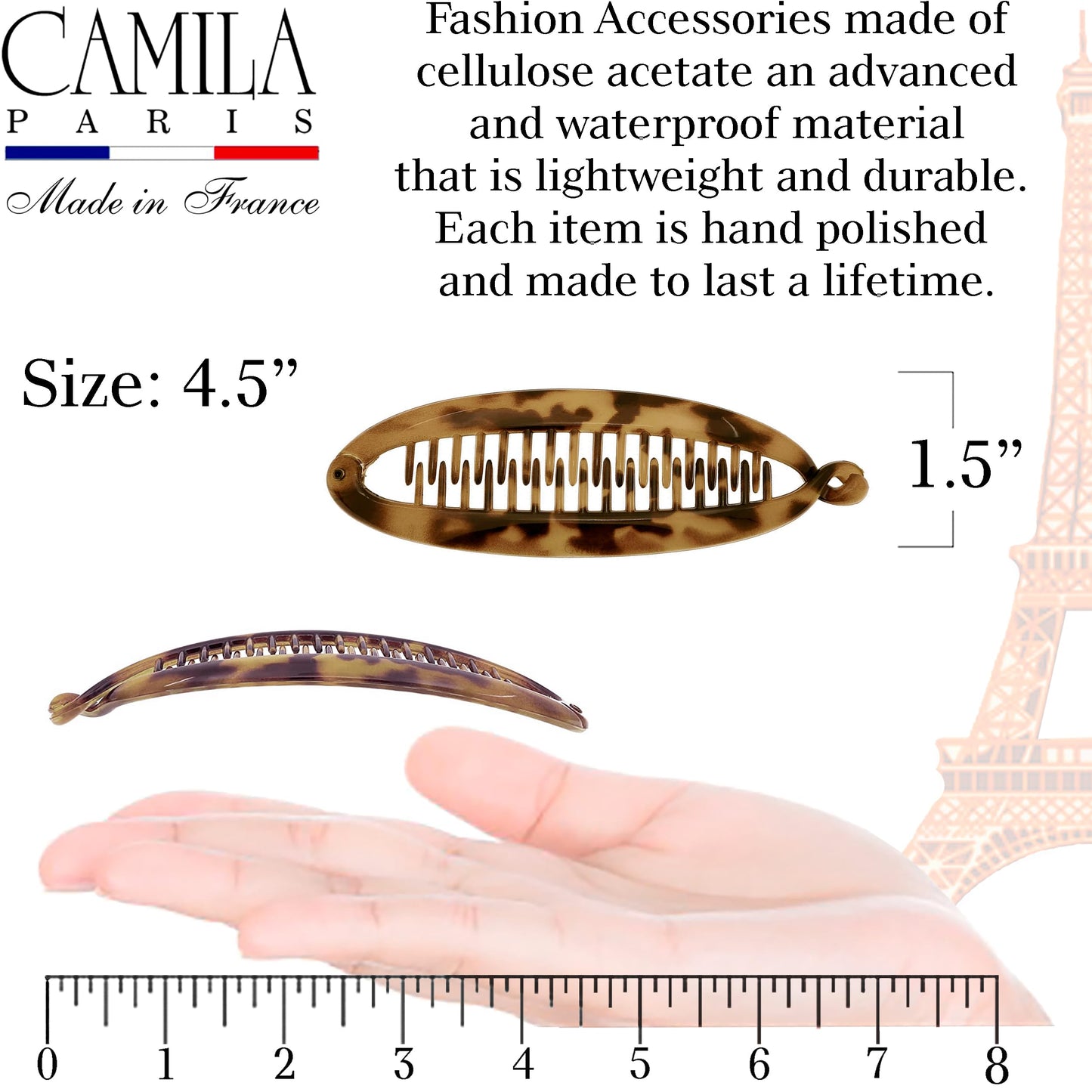 Camila Paris CP1272 French Banana Clip Hair Comb, Classic Hair Banana Clips for Girls Updo Ponytail Holder Interlocking, Fashion Durable Styling Hair