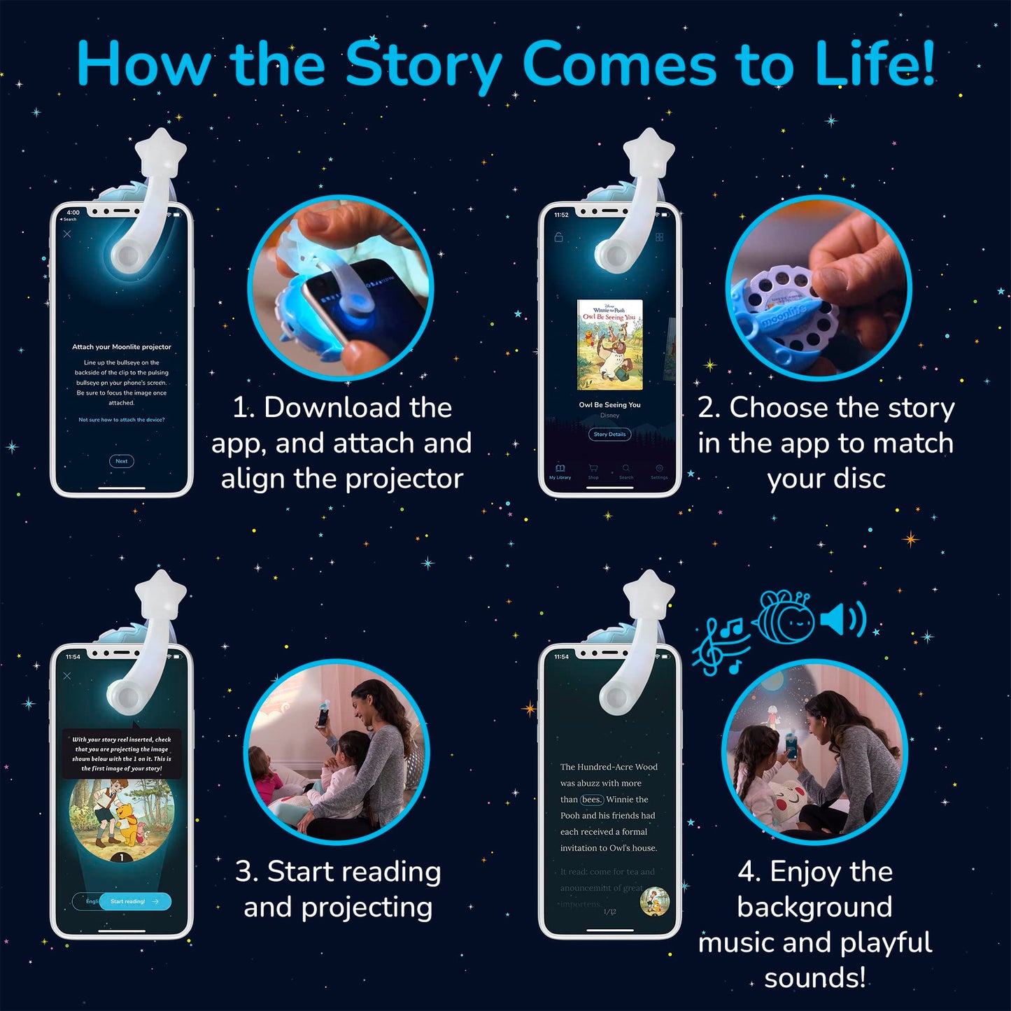 Moonlite Mini Projector with 4 Disney Princess Stories | Storytime Projector & Digital Stories | Reading Toy & Gift for Kids Ages 1+