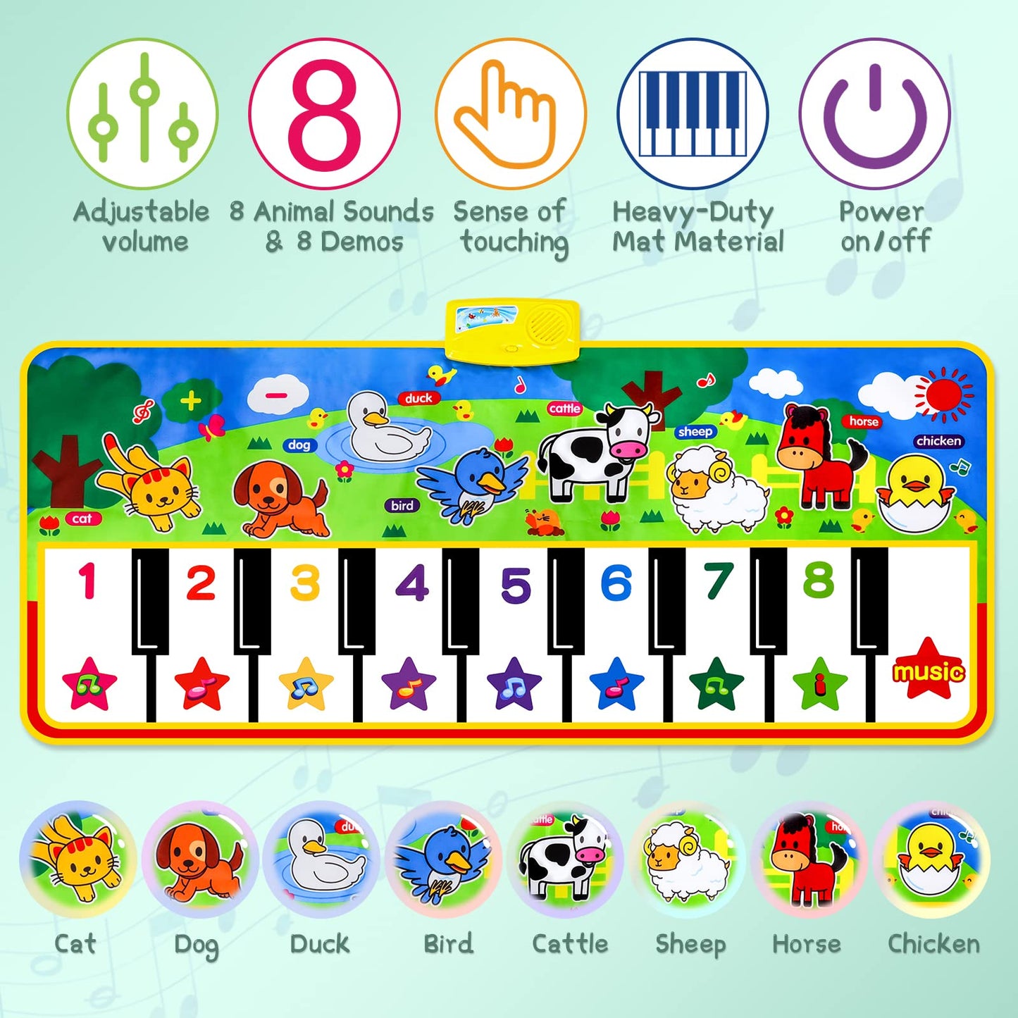 M SANMERSEN 53" Piano Mat – Musical Floor Playmat with 8 Animal Sounds, Dance Keyboard Toy for Toddlers, Boys & Girls Ages 1–5