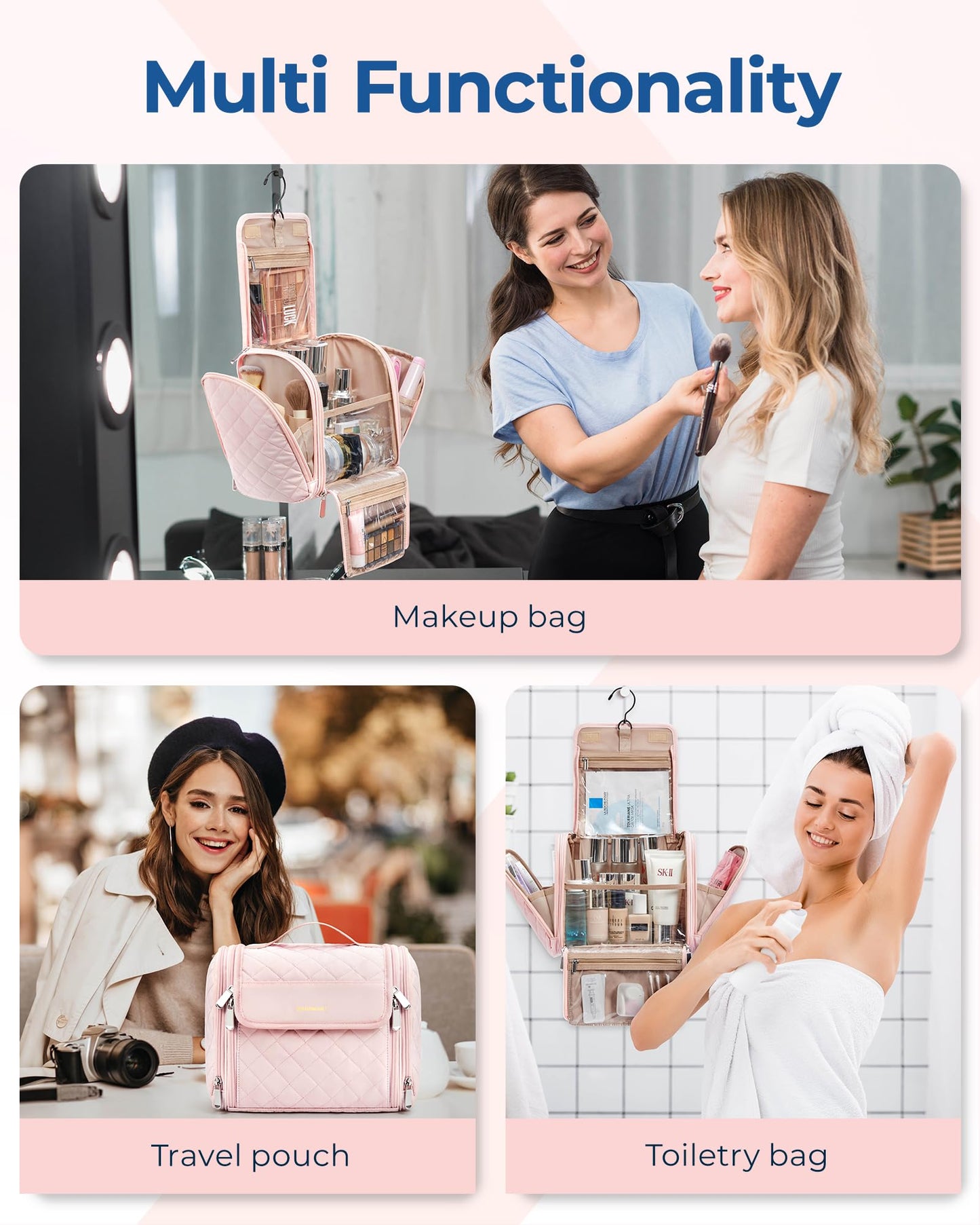 BAGSMART Makeup Bag for Women with Hanging Hook, Large Portable Capacity Water-resistant Organizer Travel Case for Toiletries and Cosmetics, Pink Beauty and Personal Care BAGSMART