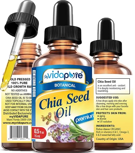 MYVIDAPURE CHIA SEED OIL Pure Natural Undiluted Refined Cold Pressed Carrier Oil for Skin, Face, Hair, Lip and Nail Care Anti-Aging (0.5 Fl Oz)