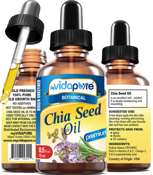 MYVIDAPURE CHIA SEED OIL Pure Natural Undiluted Refined Cold Pressed Carrier Oil for Skin, Face, Hair, Lip and Nail Care Anti-Aging (0.5 Fl Oz)