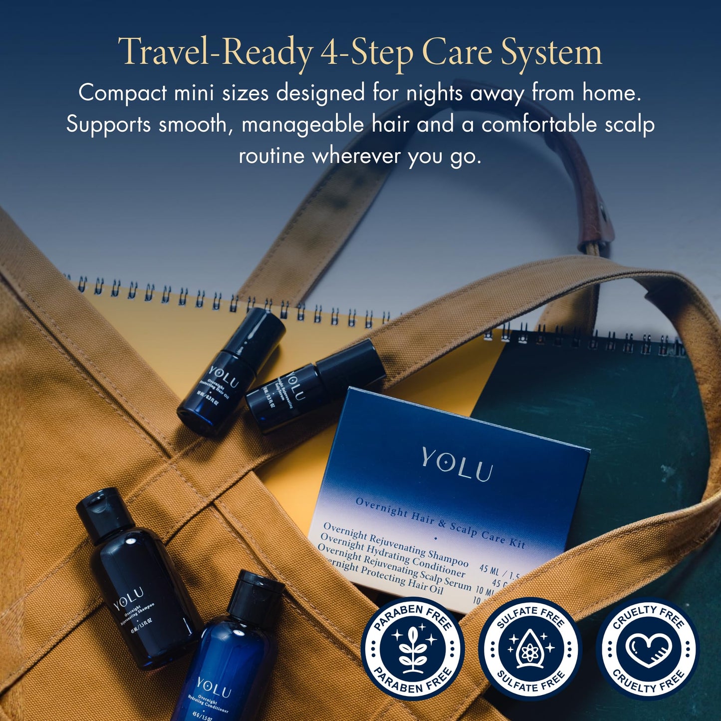 YOLU - Travel Size Hair Care Kit - Japanese Hair Care Starter Kit - Overnight Scalp Serum, Hair Oil, Shampoo & Conditioner - Travel Toiletries - Gift