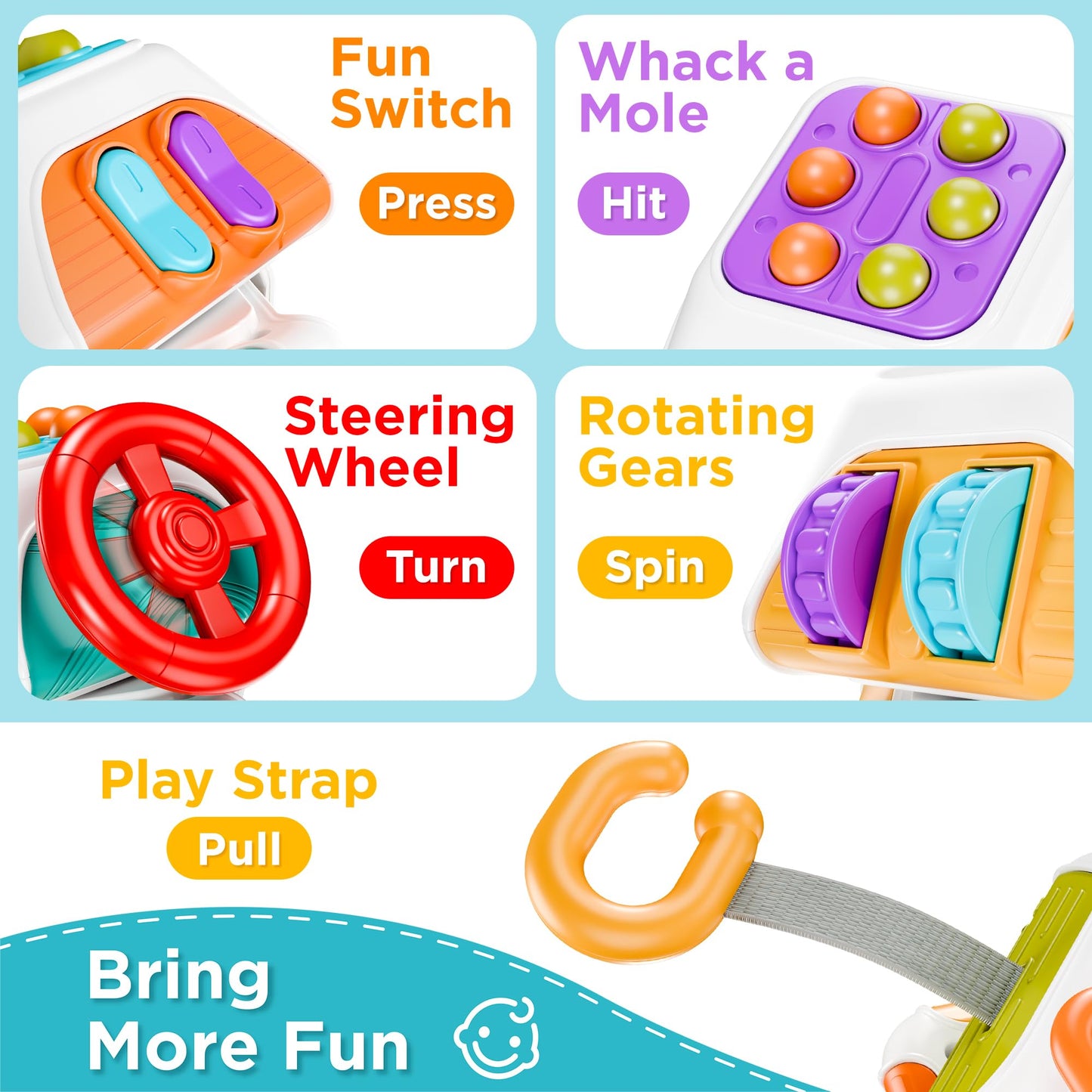 Play iLearn 10-in-1 Busy Board Cube Montessori Toy for Toddlers, Travel Carseat Sensory Activity, Educational Gift for 6-24M Boys Girls