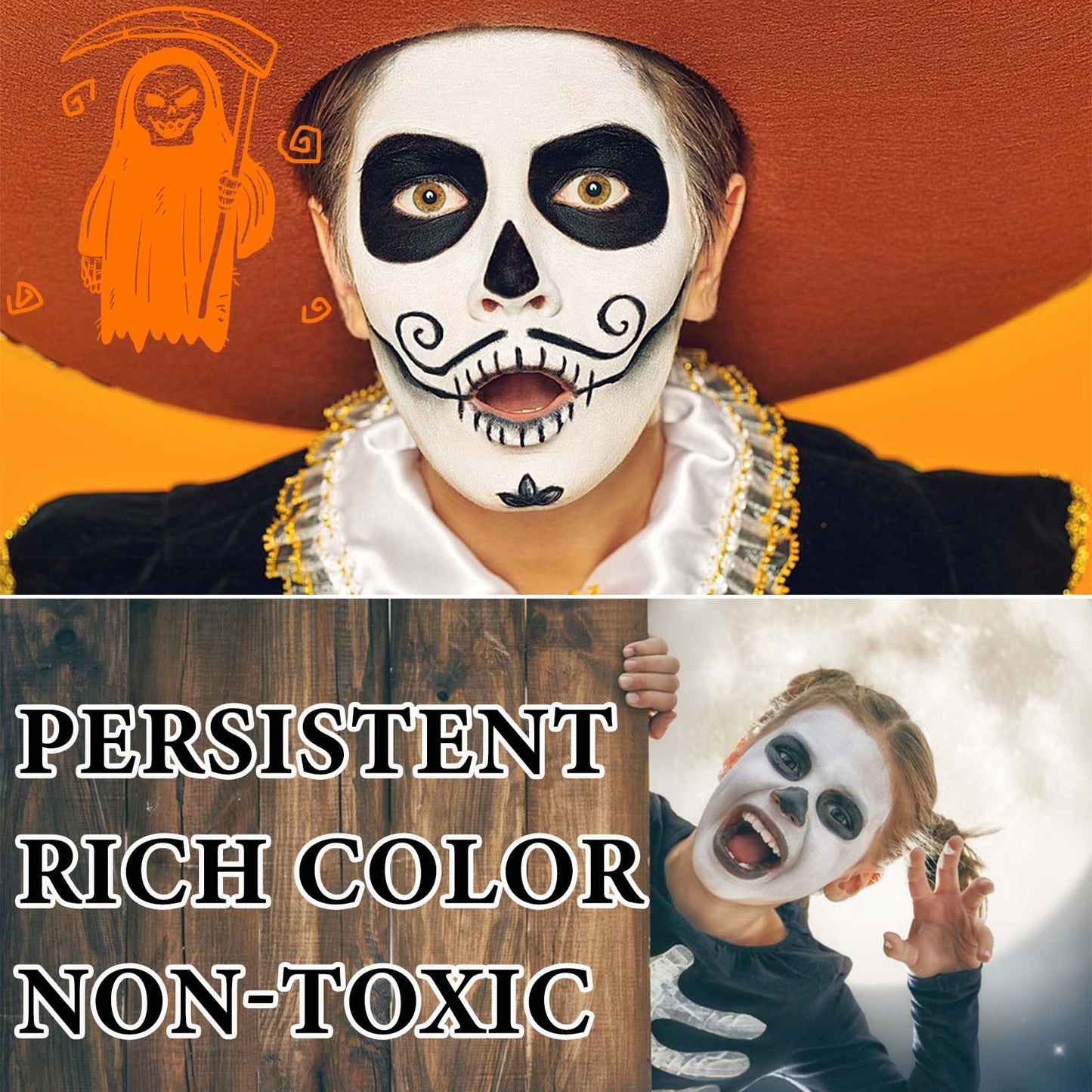 Black White Face Body Paint Set,Oil Based Face Painting Kit,Special Effects Halloween SFX Makeup Kit with 2 Brushes,Halloween Face Paint Palette Kit