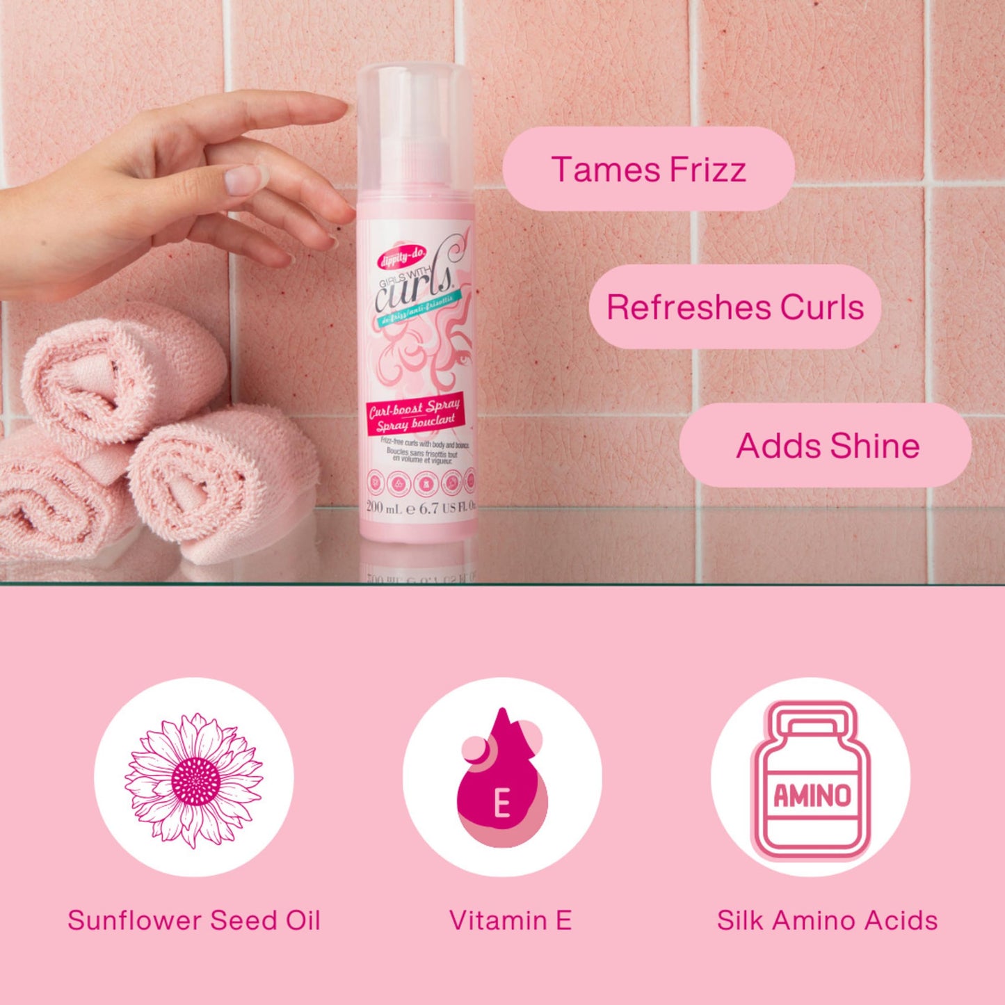 Dippity Do Girls With Curls De-Frizz Curl-Boost Spray, Light, 3-in-1 Hair Spray for Refreshing Curly Wavy Hair, Hibiscus, Olive Oil, Anti Frizz Bouncy