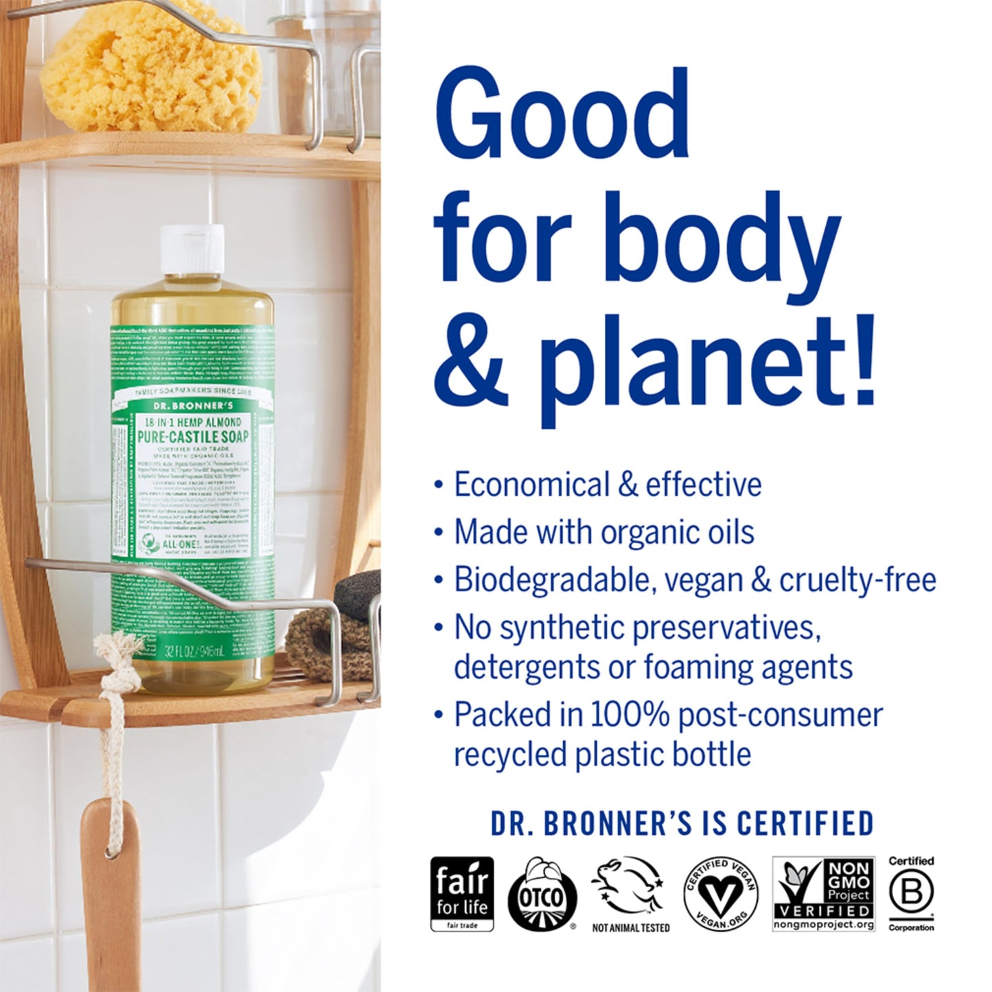 Dr. Bronner's Pure-Castile Magic Soap Liquid (Almond, 16 Ounce) - Made with Regenerative Organic Certified Oils, 18-in-1 Uses: Face, Body, Hair