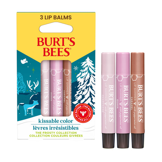Burt's Bees Kissable Color Frosty Collection Lip Shimmer Gift Set, Champagne, Guava and Caramel Tinted Lip Shimmer, Natural Origin Lip Care, 3 Tubes