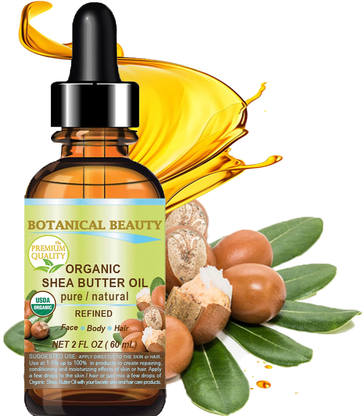 Botanical Beauty Organic SHEA BUTTER OIL 100% Pure Natural Undiluted Refined Cold Pressed Carrier Oil for Face, Skin, Hair, Lip, Nails. African Shea