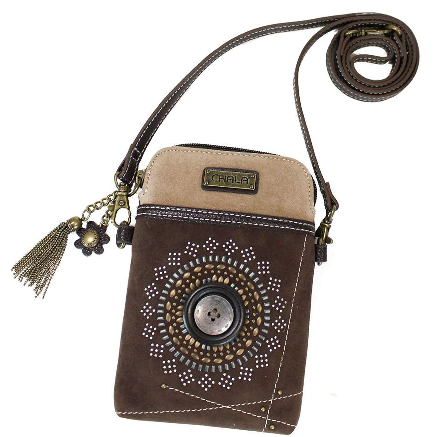 Chala Bohemian Cellphone Crossbody Handbag - Convertible Strap (Dark Brown)