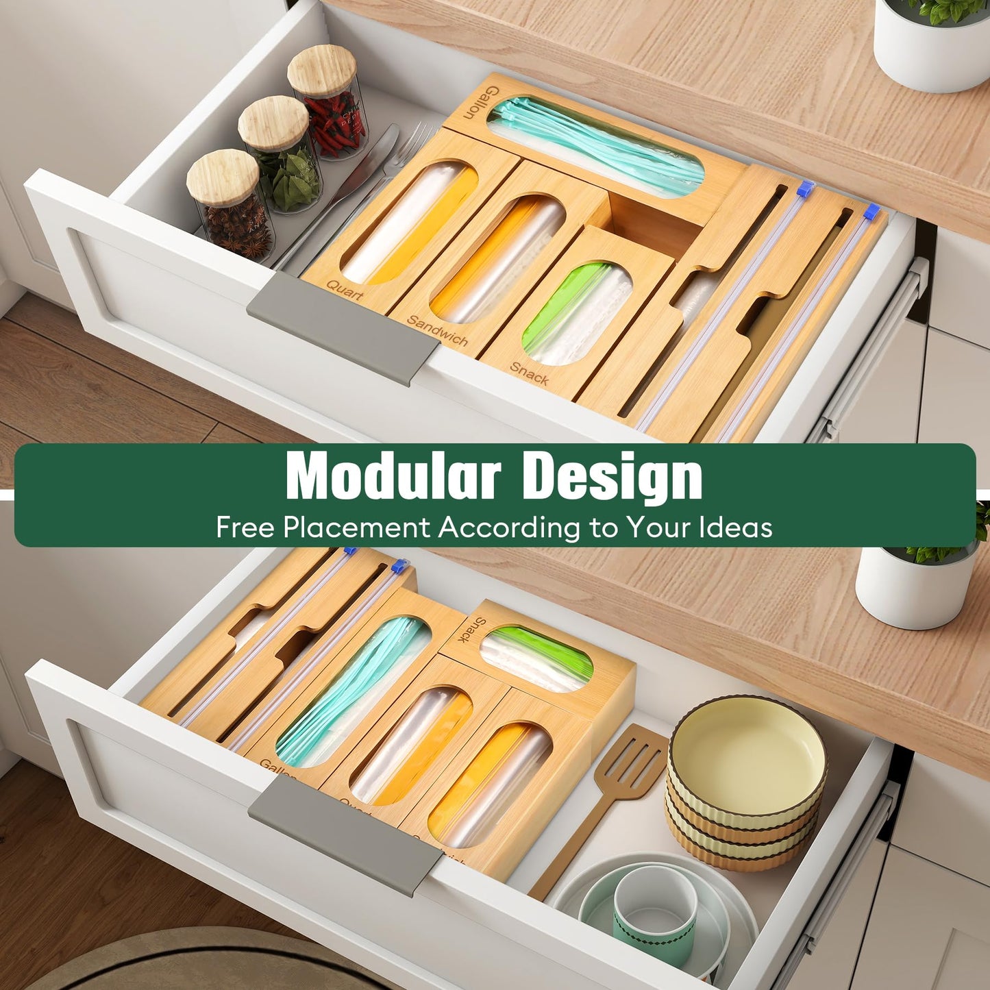 Gamtik Individual Storage Bag Organizer for Kitchen Drawer, Bamboo with Foil and Plastic Wrap Organizer for Kitchen Organizers and Storage…