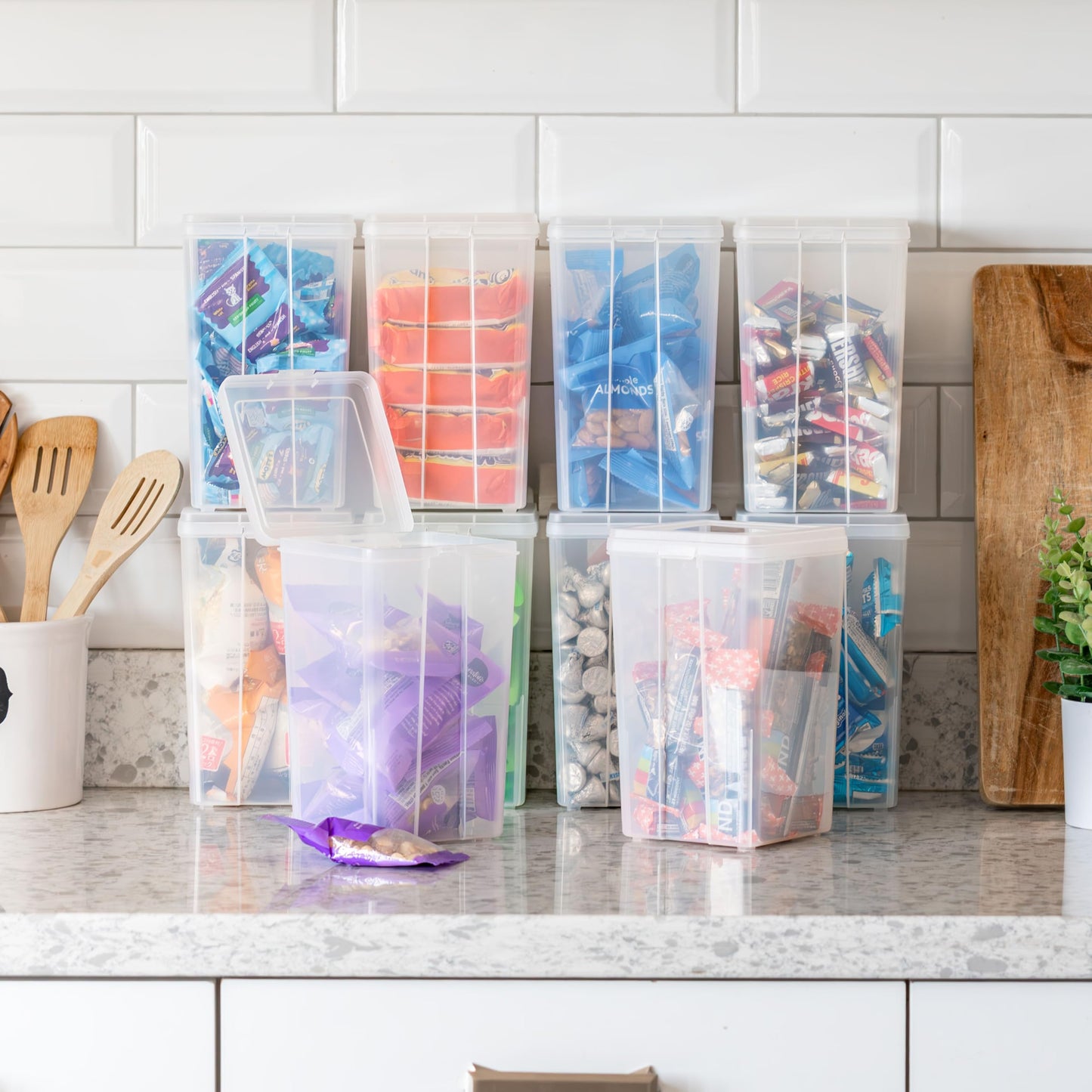 IRIS USA Vertical Plastic Flip Top Storage Containers Bins with Lids for Pantry, Home, Office, Organization, Medium, Stackable Hinged Organizer…