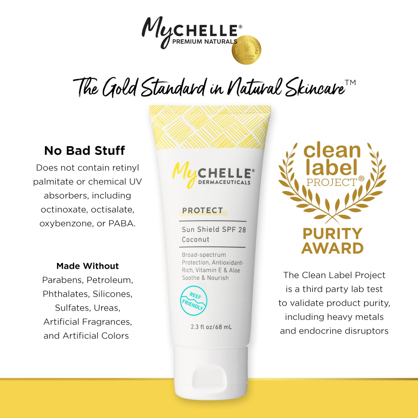 MyCHELLE Dermaceuticals Sun Shield SPF 28 Coconut (2.3 Fl Oz) - Soothing Reef Safe Sunscreen with Vitamin E and Aloe - Travel Size Zinc Sunscreen