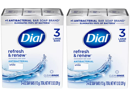 Dial Antibacterial Bar Soap, Refresh & Renew, White, 3-4 OZ Soap Bars - 2 Pack