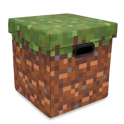 MINECRAFT Grassy Block 13-Inch Storage Bin Chest with Lid | Foldable Fabric Basket Container, Cube Organizer with Handles, Cubby for Shelves, Closet…