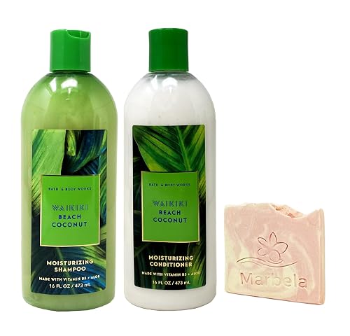Bath & Body Works Waikiki Beach Coconut - Moisturizing Shampoo and Moisturizing Conditioner with a Himalayan Salts Springs Sample Soap
