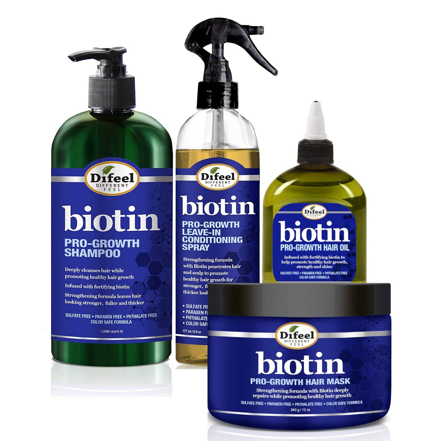 Difeel Pro-Growth Biotin Shampoo 4-PC Set- Includes Biotin Shampoo 33.8 oz, Leave-in Conditioning Spray 6oz, Hair Mask 12 oz AND Biotin Hair Oil