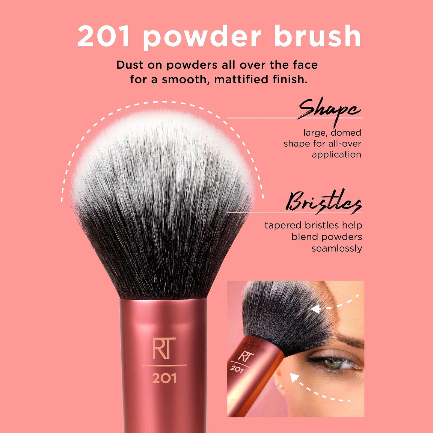 Real Techniques Powder Brush, Ultra Plush Synthetic Bristles, Aluminum Ferrules to Build Coverage, Cruelty Free, Mattified Finish, For Foundation