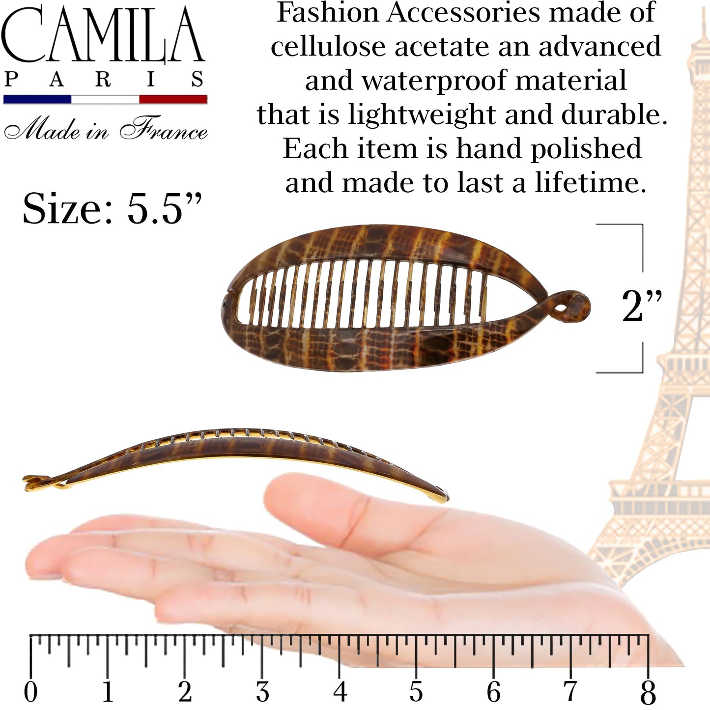 Camila Paris CP1040 French Large Banana Clip Hair Comb, Classic Banana Clips Hair for Thick Hair Ponytail Holder Interlocking Styling Clips for Women