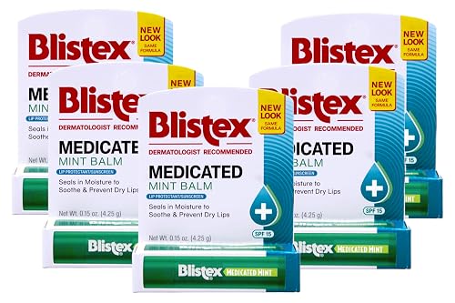 Blistex Medicated Lip Balm Protectant/Sunscreen SPF 15 Mint, 0.15 OZ Pack of 5