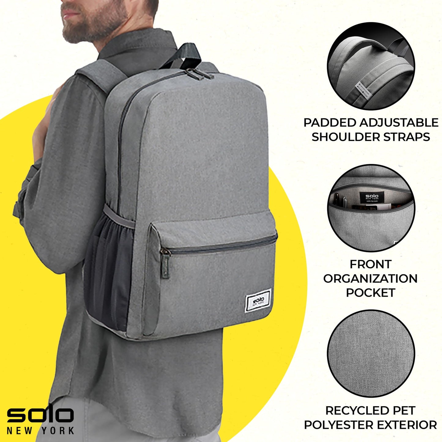 Solo New York Laptop Backpack for Women & Men -Carry On Bookbag for Travel & Work, Lightweight Bag, Side Mesh Pockets, Fits 15.6" Computer - Re:Solve, Grey