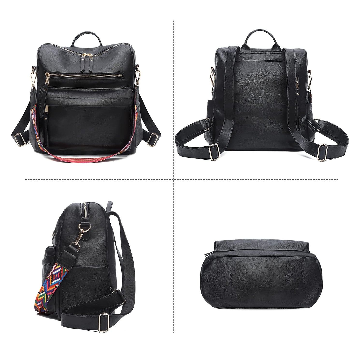 KOOIJNKO Women's Vintage Washed Leather Backpack Purse, Black, 33x15x36cm