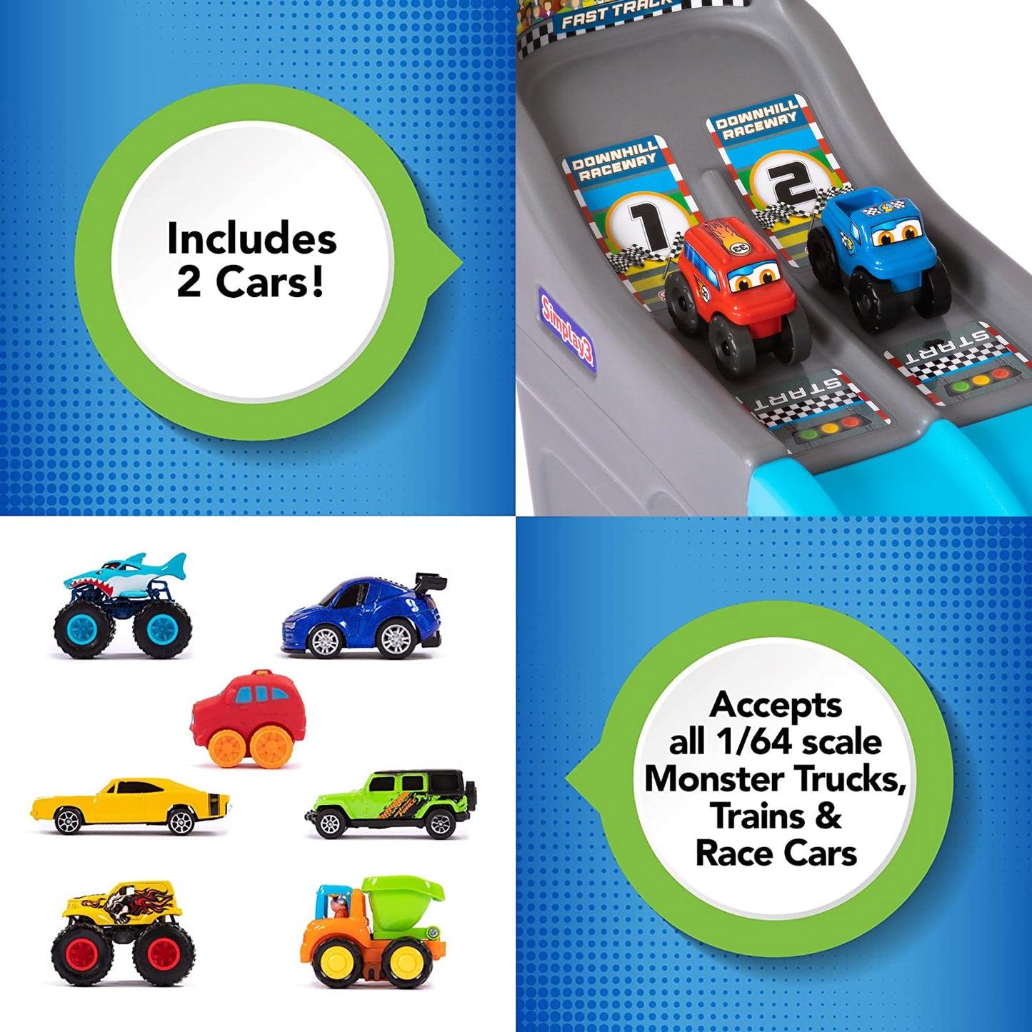 Simplay3 Fast Track Downhill Raceway, Dual Racetrack for Kids Cars for Toddlers, 2 Toy Race Cars Included, Made in USA